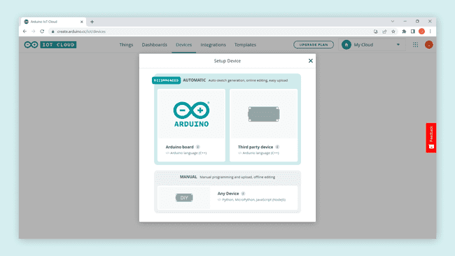 Arduino Cloud Setup Device pop-up window