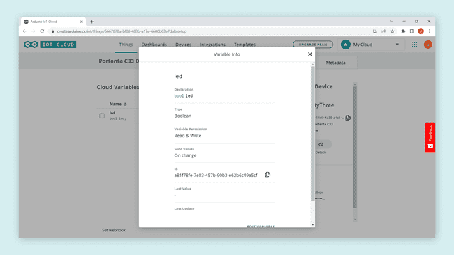 Arduino Cloud "Thing" variable setup