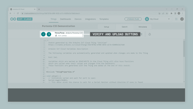 Uploading a sketch to the Portenta C33 in the Arduino Cloud